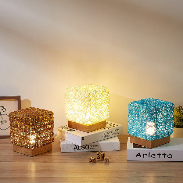 Dimmable Square LED Desk Lights Wood Rattan Twine USB Charging Table Lamp Bedroom Night Lighting